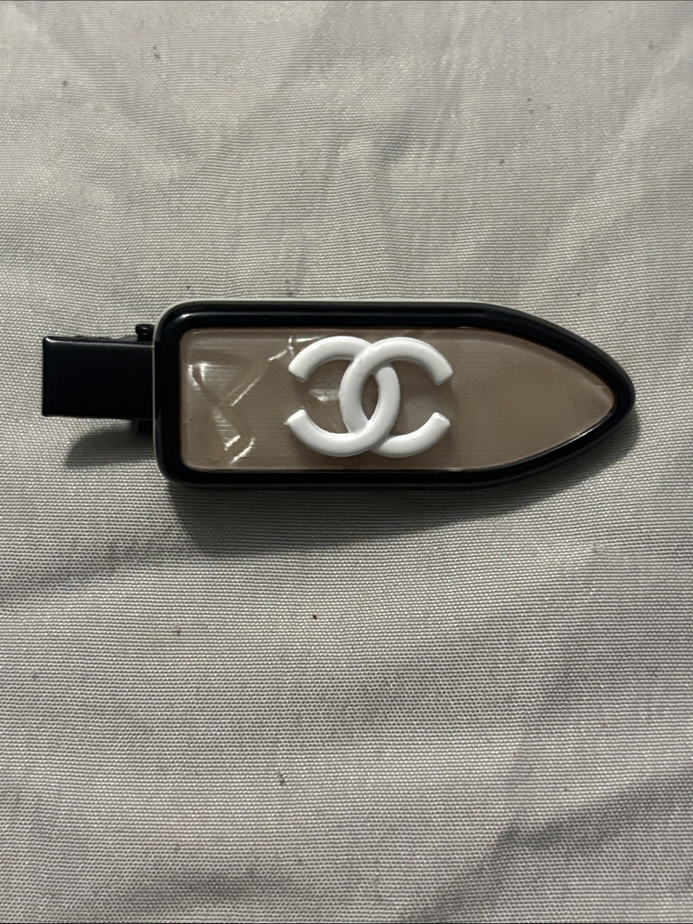 CHANEL Black Trim Beige Panel Hair Clip with White CC Logo